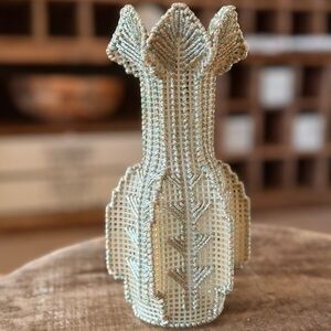 Gorgeous Vintage Hand Crafted Metallic Iridescent Thread Crochet Vase 9”